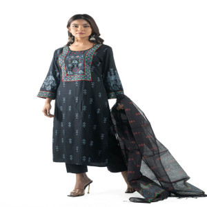 Black Linen Printed & Hand Embroidered Salwar Kameez Set
