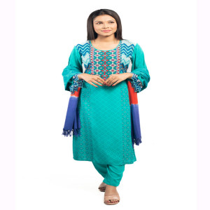 Aqua Linen Printed & Hand Embroidered Salwar Kameez Set