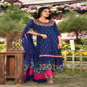 Navy Blue Linen Printed & Hand Embroidered Salwar Kameez Set