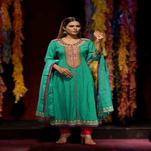 Pastel Green Linen Printed & Hand Embroidered Salwar Kameez Set