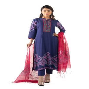 Royal Blue Linen Printed & Hand Embroidered Salwar Kameez Set