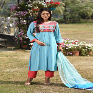 Sky Blue Linen Printed & Hand Embroidered Salwar Kameez Set