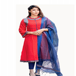 Coral Red Linen Printed & Karchupi Ornamented Salwar Kameez Set