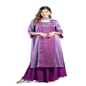 Purple Silk Karchupi Ornamented Kameez Palazzo Set
