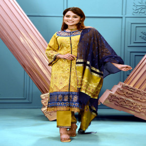 Metallic Gold Silk Printed & Embroidered Salwar Kameez Set