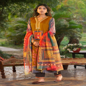 Copper-Coloured Silk Printed & Karchupi Detailed Salwar Kameez Set