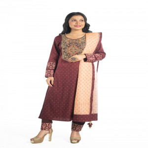 Cherry Colour Silk Printed & Embroidered Salwar Kameez Set
