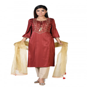 Maroon Silk Karchupi Ornamented Salwar Kameez Set