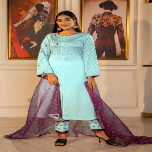 Turquoise Blue Silk Printed & Embroidered Salwar Kameez Set