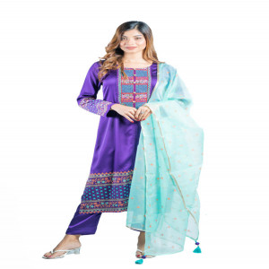 Purple Silk Printed & Embroidered with Karchupi Ornamented Salwar Kameez Set