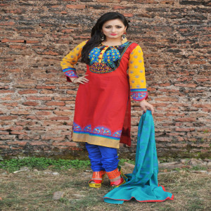 Red Voile Appliqued & Hand Embroidered Salwar Kameez set