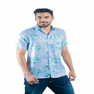 Sky Blue Cotton Printed Casual Shirt