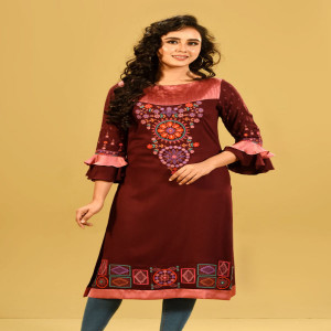 Plum Red Cotton Printed & Hand Embroidered Kurti