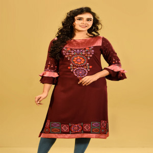 Plum Red Cotton Printed & Hand Embroidered Kurti
