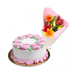 vanilla-cake-with-mix-lily-bouquet