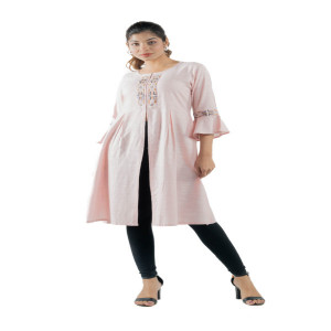 Light Pink Cotton Embroidered & Karchupi Ornamented Kurti