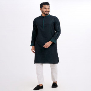Green Fitted Jacquard Cotton Panjabi