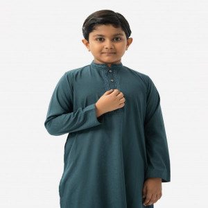 Teal Blue Cotton Jacquard Kids Panjabi
