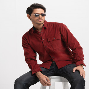 Red Corduroy Long Sleeve Casual Shirt