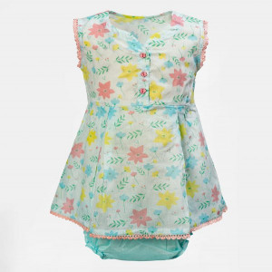 White & Blue Cotton New-born Frock