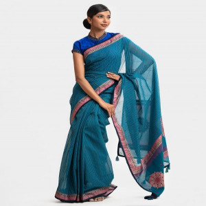 Teal Blue Cotton Saree