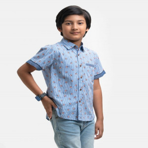 Blue Printed Cotton  Kids Casual Shirt
