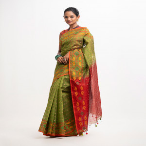 Green & Red Half-silk Saree