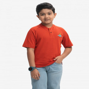 Red Cotton Jersey Raglan Sleeve Henley T-shirt