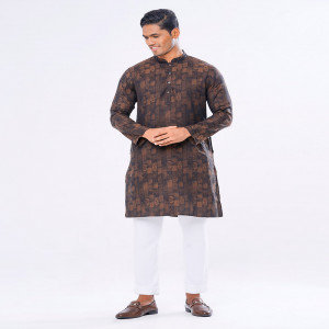 Black Semi Fitted Jacquard Cotton Panjabi