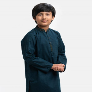 Teal Blue Cotton Jacquard Kids Panjabi