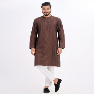 Brown Semi Fitted Jacquard Cotton Panjabi