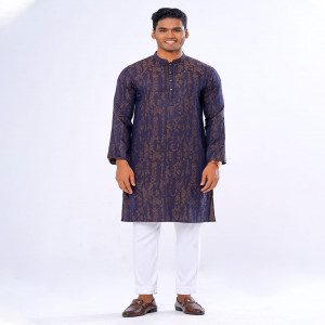 Black Semi Fitted Jacquard Cotton Panjabi