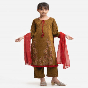 Brown Satin Georgette Kids Salwar Kameez