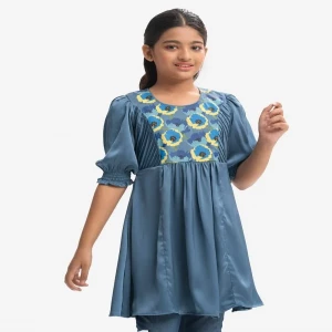 Blue Satin Kids Patterned Tunic