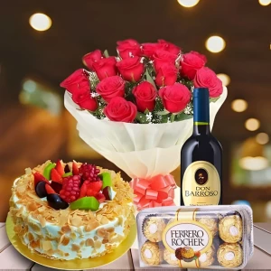 sugar-free-cake-with-rose-bouquet-chocolates-wine-1