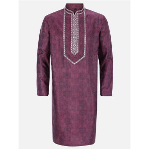 Magenta Printed and Embroidered Silk Panjabi