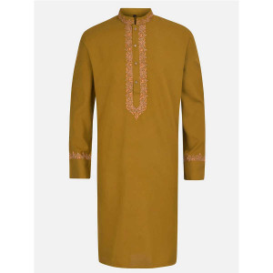 Yellow Ochre Embroidered Viscose-Cotton Panjabi