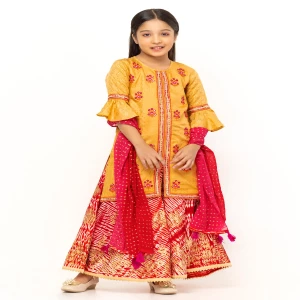 Golden Printed and Embroidered Voile Ghagra Choli