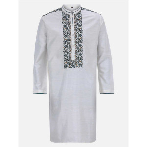 Ecru Striped and Embroidered Endi Silk Panjabi