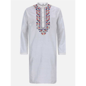 Ecru Striped and Embroidered Silk Panjabi