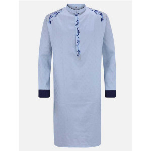 Light Blue Textured and Embroidered Cotton Panjabi